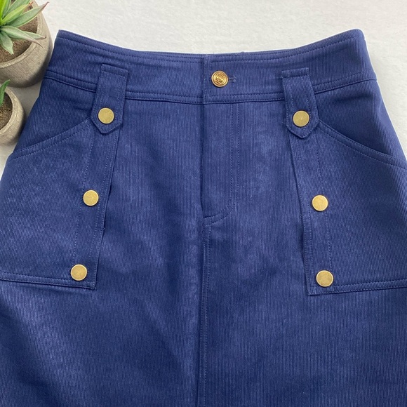 Vee International Brand Corduroy Button Detailed Lined Midi Skirt (Navy/Gold) - Picture 5 of 14